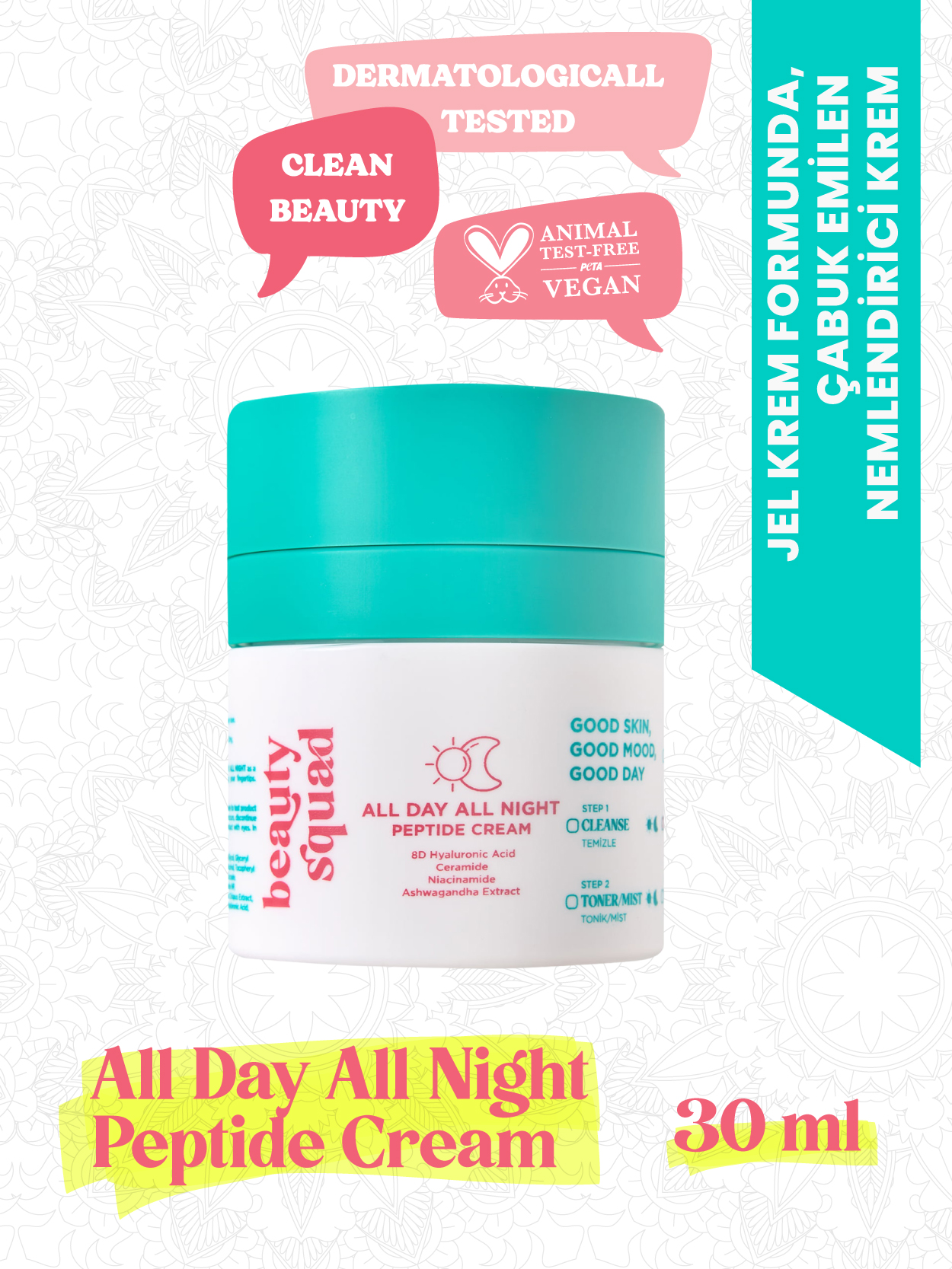 Beauty Squad All Day All Night Peptide Cream - Peptit, 8D Hyaluronik Asit İçeren Nemlendirci Krem - 30 ml
