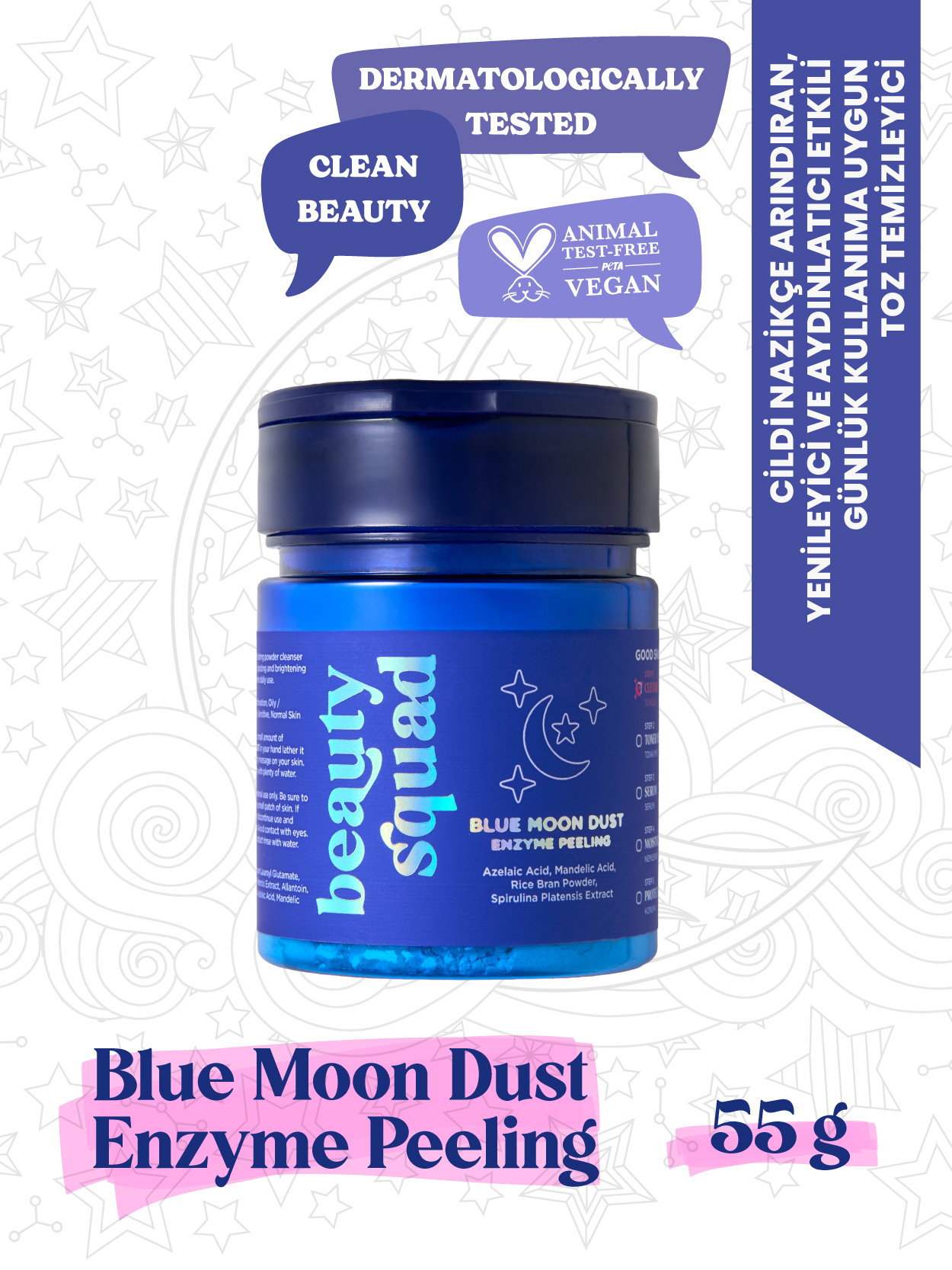 Beauty Squad Blue Moon Dust Enzyme Peeling - Azelaik Asit ve Mandelik Asit İçeren  Arındırıcı ve Aydınlatıcı Etkili Enzim Peeling Toz Temizleyici 55 g
